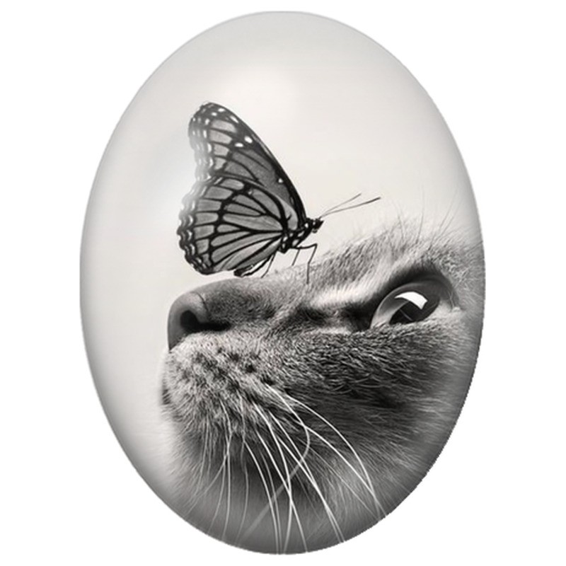 Cabochon en Verre Illustré Chat Gris avec un Papillon sur le Nez 13x18, 18x25 ou 30x40mm