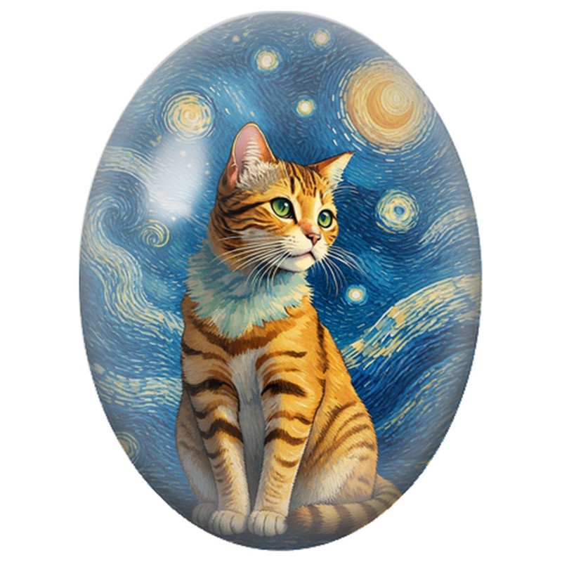 Cabochon en Verre Illustré Chat Roux sous la Nuit Étoilée 13x18, 18x25 ou 30x40mm