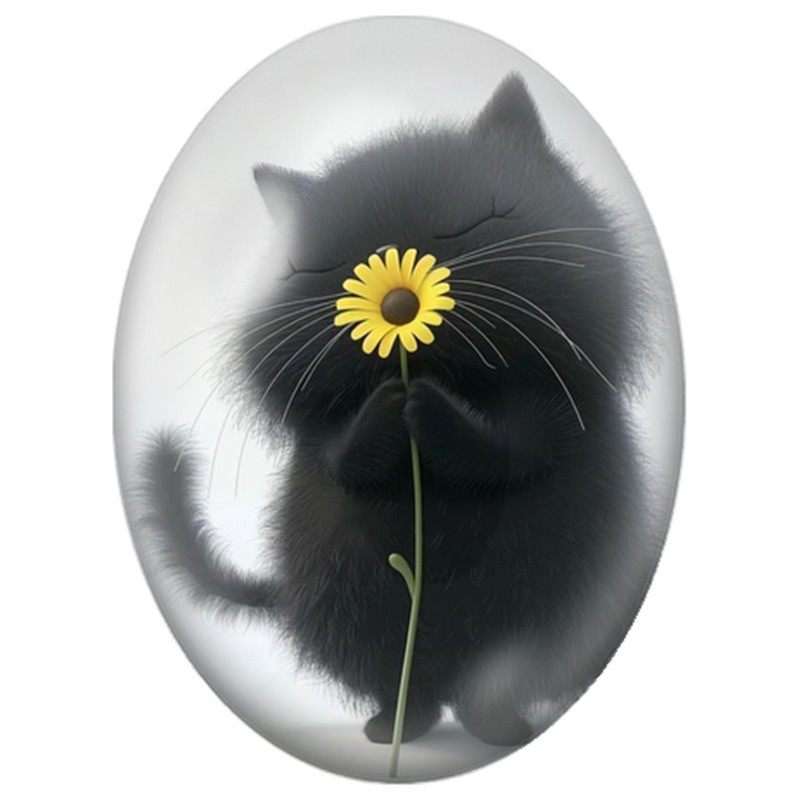 Cabochon en Verre Illustré Chat Noir avec une Marguerite Jaune 13x18, 18x25 ou 30x40mm