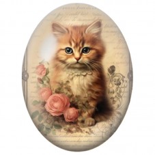 Cabochon en Verre Illustré Chaton Roux aux Roses Vintage 13x18, 18x25 ou 30x40mm pour la Création de Bijoux Fantaisie - DIY
