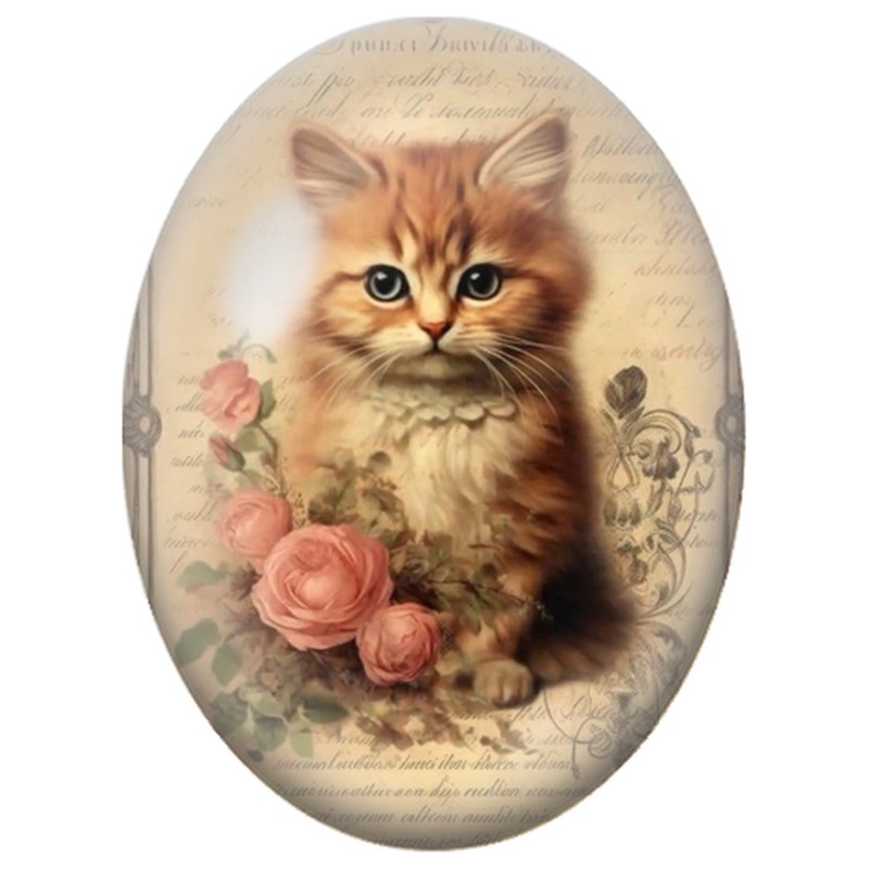 Cabochon en Verre Illustré Chaton Roux aux Roses Vintage 13x18, 18x25 ou 30x40mm