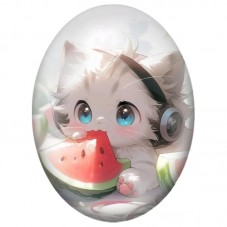 Cabochon en Verre Illustré Chaton Blanc au Casque avec une Pastèque 13x18, 18x25 ou 30x40mm pour la Création de Bijoux Fantaisie