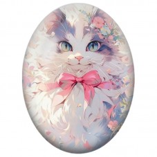 Cabochon en Verre Illustré Chat Blanc au Nœud Rose parmi les Fleurs 13x18, 18x25 ou 30x40mm pour la Création de Bijoux Fantaisie