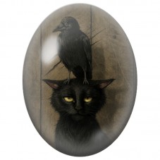 Cabochon en Verre Illustré Chat Noir avec un Corbeau 13x18, 18x25 ou 30x40mm pour la Création de Bijoux Fantaisie - DIY