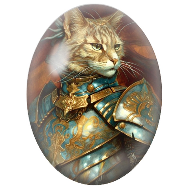 Cabochon en Verre Illustré Chat Chevalier en Armure Bleue et Dorée 13x18, 18x25 ou 30x40mm