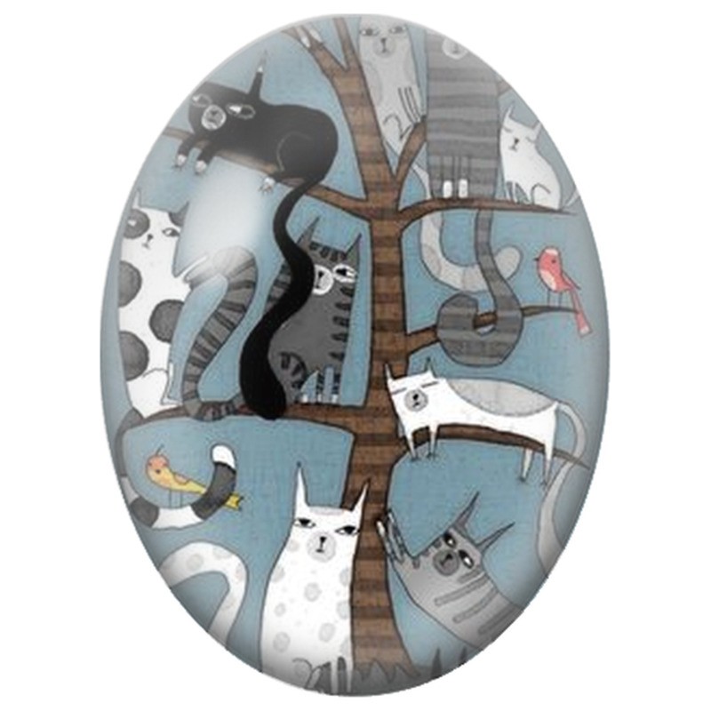 Cabochon en Verre Illustré Chats dans l’Arbre aux Oiseaux 13x18, 18x25 ou 30x40mm