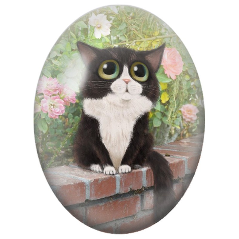 Cabochon en Verre Illustré Chat Noir et Blanc aux Grands Yeux Verts 13x18, 18x25 ou 30x40mm