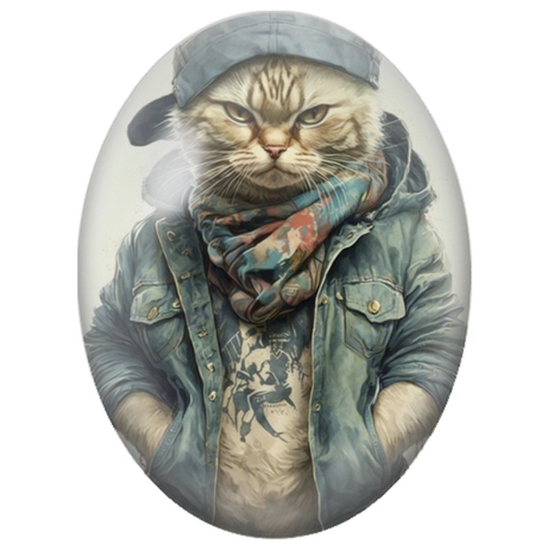 Cabochon en Verre Illustré Chat Tigré au Style Urbain 13x18, 18x25 ou 30x40mm