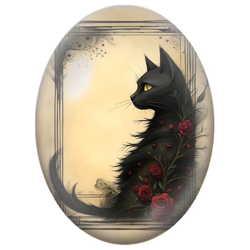 Cabochon en Verre Illustré Chat Noir parmi les Roses Rouges 13x18, 18x25 ou 30x40mm