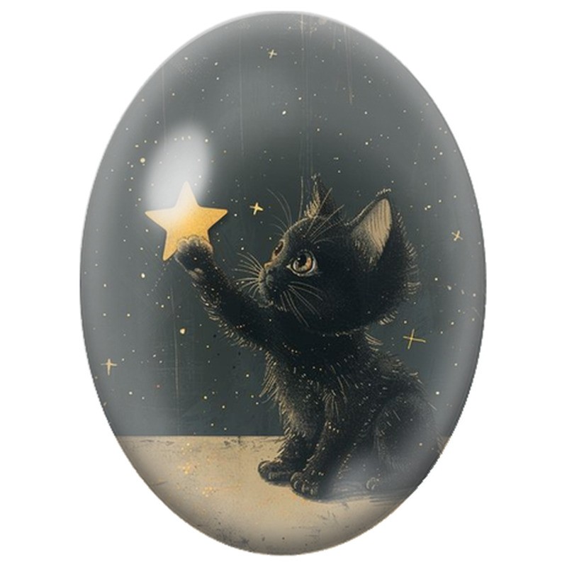 Cabochon en Verre Illustré Chaton Noir à l’Étoile Dorée 13x18, 18x25 ou 30x40mm
