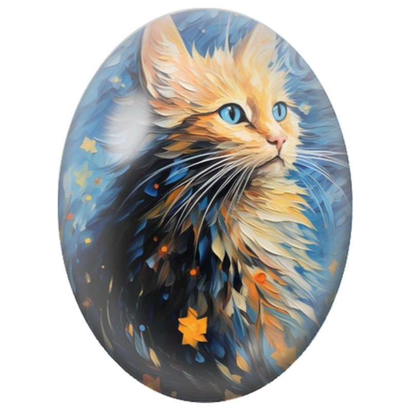 Cabochon en Verre Illustré Chat Tricolore dans une Lumière Bleue 13x18, 18x25 ou 30x40mm