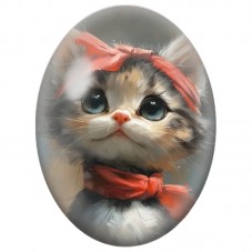 Cabochon en Verre Illustré Chaton Gris aux Nœuds Rouges 13x18, 18x25 ou 30x40mm pour la Création de Bijoux Fantaisie - DIY