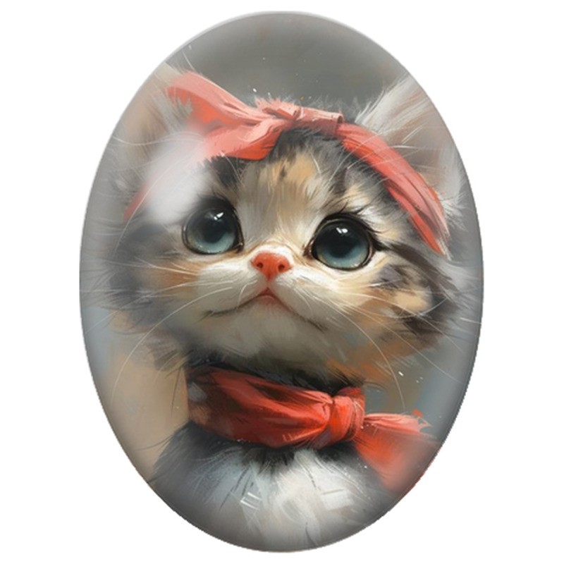 Cabochon en Verre Illustré Chaton Gris aux Nœuds Rouges 13x18, 18x25 ou 30x40mm