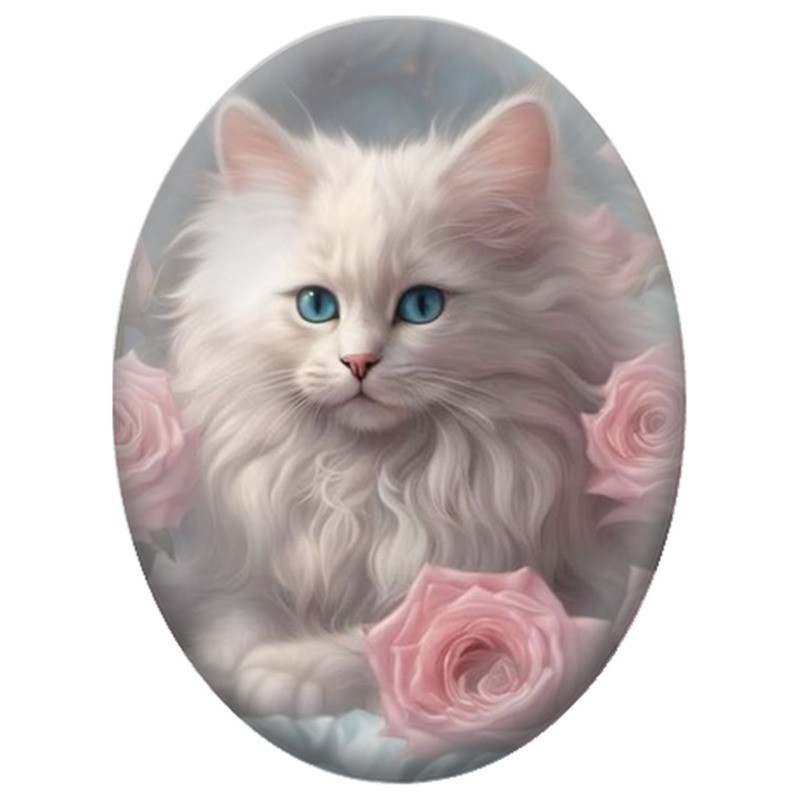 Cabochon en Verre Illustré Chat Blanc parmi les Roses Roses 13x18, 18x25 ou 30x40mm