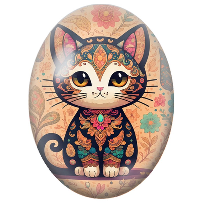 Cabochon en Verre Illustré Chat Noir aux Motifs Floraux 13x18, 18x25 ou 30x40mm