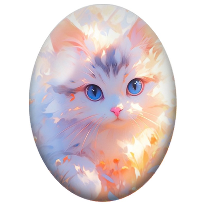 Cabochon en Verre Illustré Chat Blanc dans une Lumière Colorée 13x18, 18x25 ou 30x40mm
