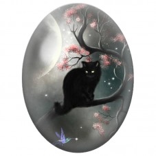 Cabochon en Verre Illustré Chat Noir sous la Lune Fleurie 13x18, 18x25 ou 30x40mm pour la Création de Bijoux Fantaisie - DIY