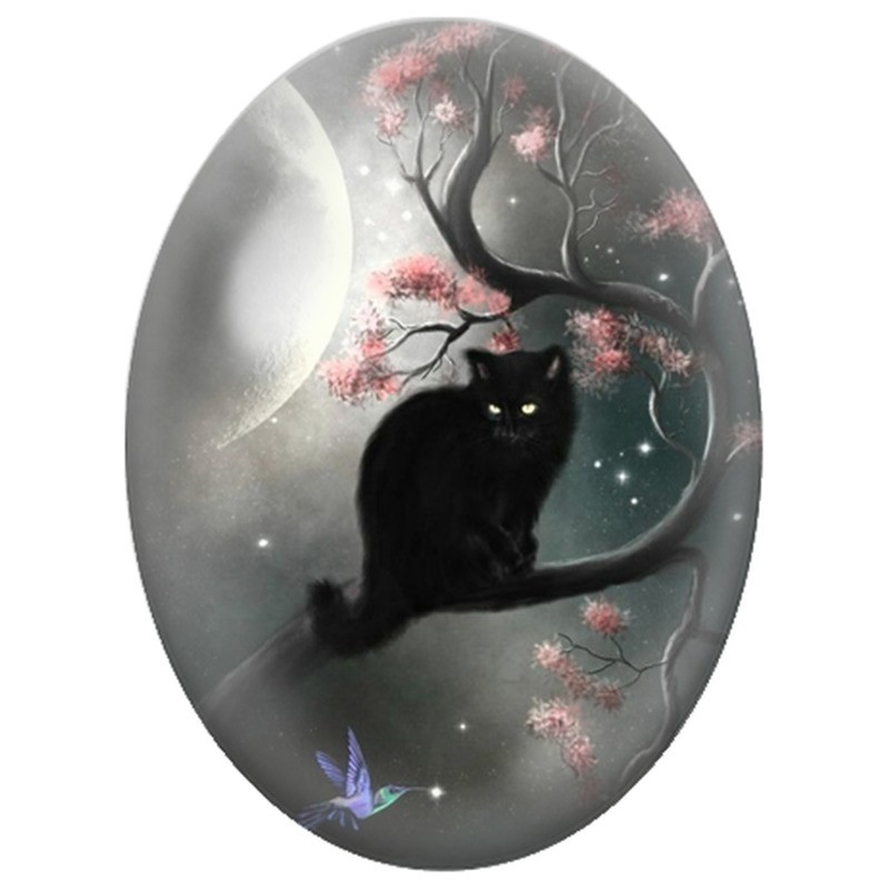 Cabochon en Verre Illustré Chat Noir sous la Lune Fleurie 13x18, 18x25 ou 30x40mm