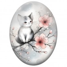 Cabochon en Verre Illustré Chat Gris parmi les Fleurs de Cerisier 13x18, 18x25 ou 30x40mm pour la Création de Bijoux Fantaisie -