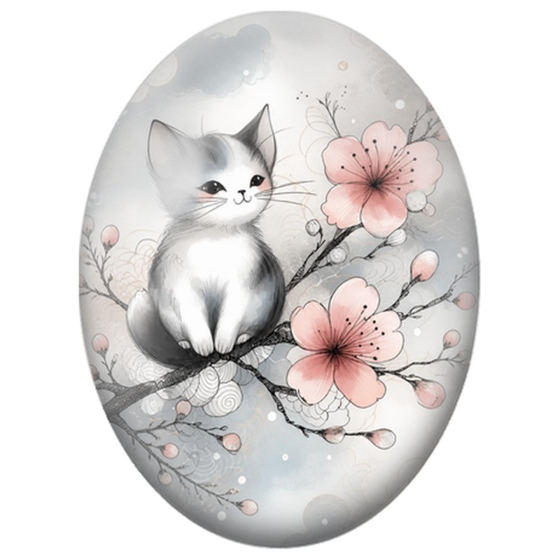 Cabochon en Verre Illustré Chat Gris parmi les Fleurs de Cerisier 13x18, 18x25 ou 30x40mm
