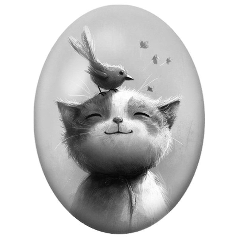 Cabochon en Verre Illustré Chat Souriant avec un Petit Oiseau 13x18, 18x25 ou 30x40mm