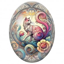 Cabochon en Verre Illustré Chat Art Nouveau aux Volutes Fleuries 13x18, 18x25 ou 30x40mm pour la Création de Bijoux Fantaisie - 