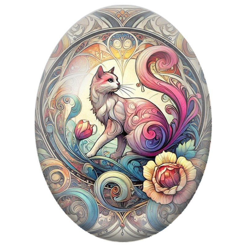 Cabochon en Verre Illustré Chat Art Nouveau aux Volutes Fleuries 13x18, 18x25 ou 30x40mm