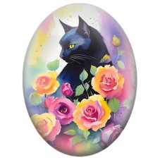 Cabochon en Verre Illustré Chat Noir parmi les Roses Colorées 13x18, 18x25 ou 30x40mm pour la Création de Bijoux Fantaisie - DIY