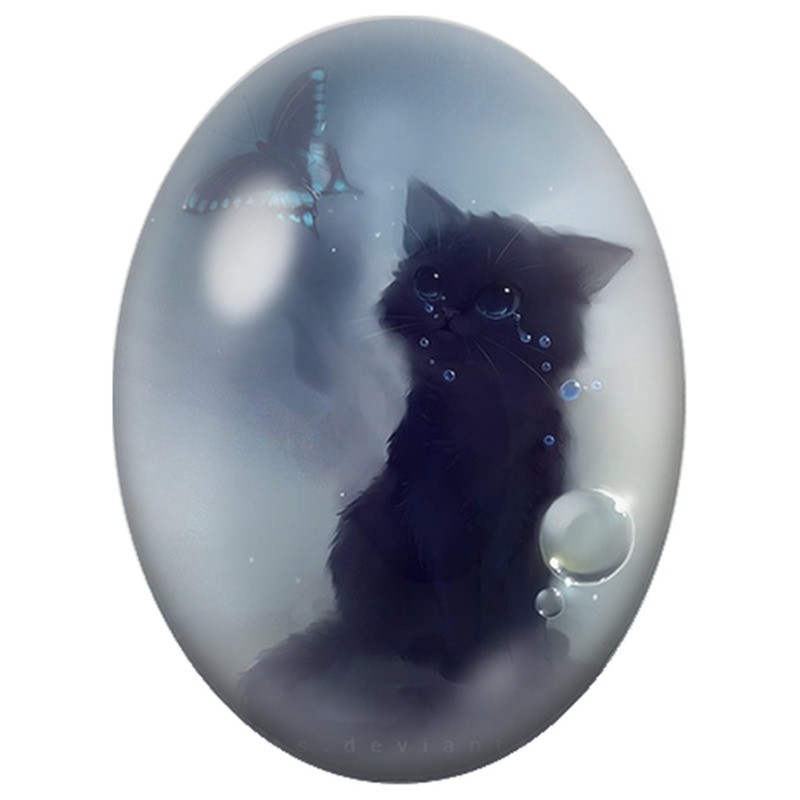 Cabochon en Verre Illustré Chaton Noir avec un Papillon Bleu 13x18, 18x25 ou 30x40mm
