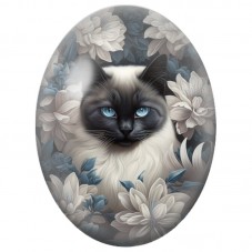Cabochon en Verre Illustré Chat Siamois parmi les Fleurs Blanches 13x18, 18x25 ou 30x40mm pour la Création de Bijoux Fantaisie -