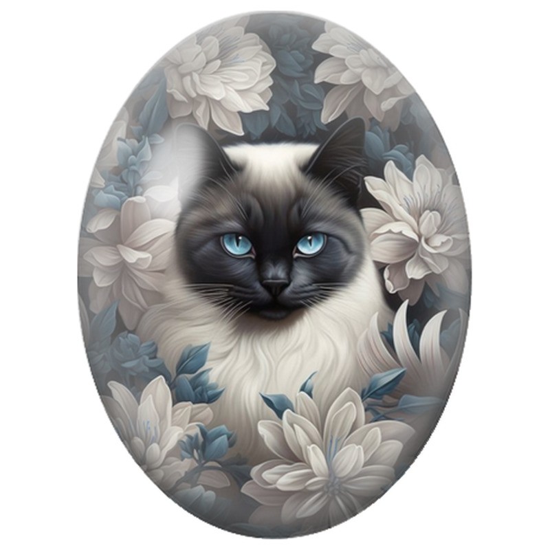 Cabochon en Verre Illustré Chat Siamois parmi les Fleurs Blanches 13x18, 18x25 ou 30x40mm