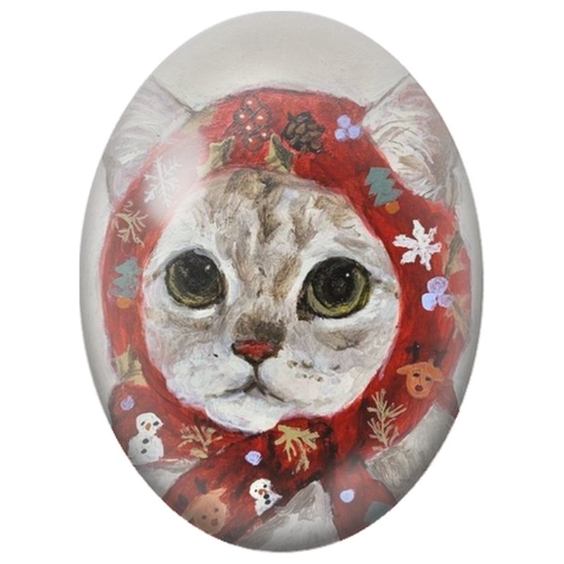 Cabochon en Verre Illustré Chat Gris au Foulard de Noël 13x18, 18x25 ou 30x40mm