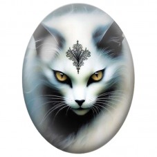 Cabochon en Verre Illustré Chat Blanc au Symbole Ornemental 13x18, 18x25 ou 30x40mm pour la Création de Bijoux Fantaisie - DIY