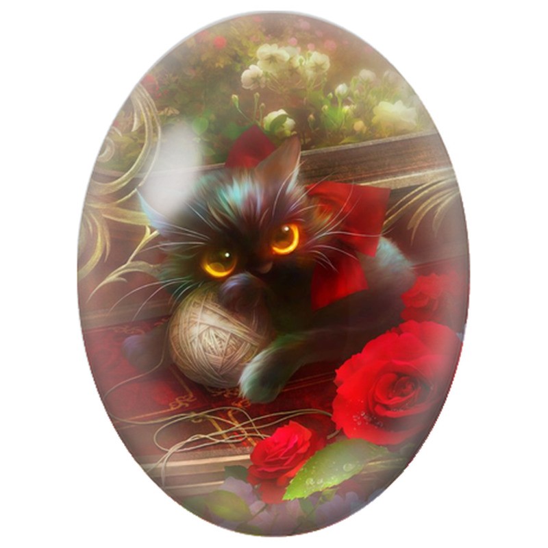 Cabochon en Verre Illustré Chat Noir au Nœud Rouge et aux Roses 13x18, 18x25 ou 30x40mm