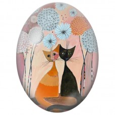 Cabochon en Verre Illustré Deux Chats sous les Fleurs Graphiques 13x18, 18x25 ou 30x40mm pour la Création de Bijoux Fantaisie - 