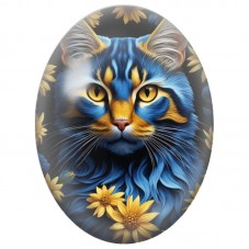 Cabochon en Verre Illustré Chat Bleu parmi les Fleurs Dorées 13x18, 18x25 ou 30x40mm pour la Création de Bijoux Fantaisie - DIY