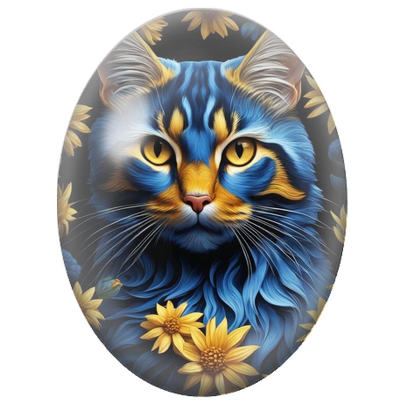 Cabochon en Verre Illustré Chat Bleu parmi les Fleurs Dorées 13x18, 18x25 ou 30x40mm