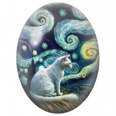 Cabochon en Verre Illustré Chat Blanc sous un Ciel Étoilé 13x18, 18x25 ou 30x40mm pour la Création de Bijoux Fantaisie - DIY