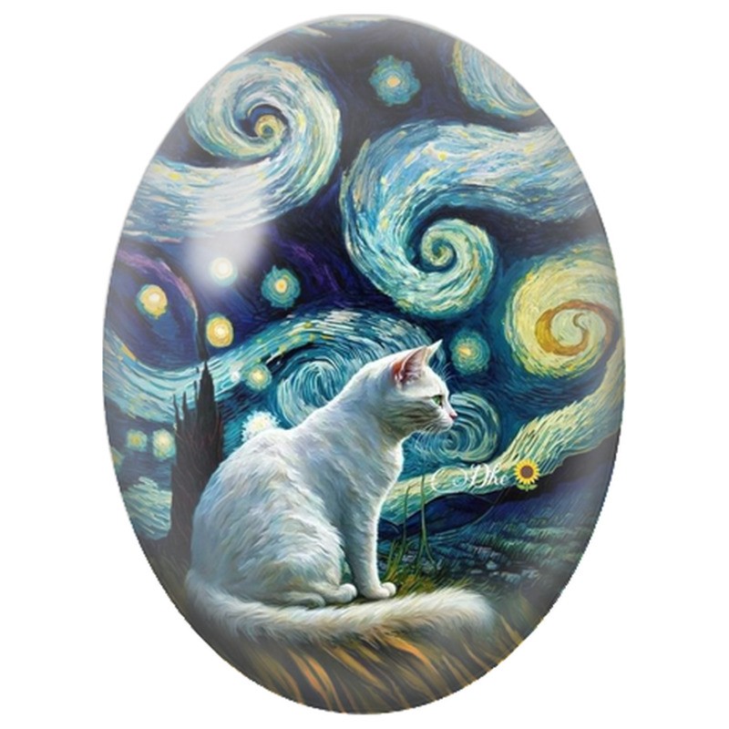 Cabochon en Verre Illustré Chat Blanc sous un Ciel Étoilé 13x18, 18x25 ou 30x40mm
