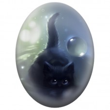 Cabochon en Verre Illustré Chaton Noir et Bulle de Lumière 13x18, 18x25 ou 30x40mm pour la Création de Bijoux Fantaisie - DIY