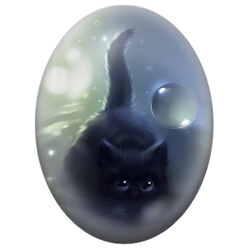 Cabochon en Verre Illustré Chaton Noir et Bulle de Lumière 13x18, 18x25 ou 30x40mm