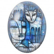 Cabochon en Verre Illustré Chats et Visages dans une Mosaïque Bleue 13x18, 18x25 ou 30x40mm pour la Création de Bijoux Fantaisie