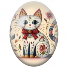 Cabochon en Verre Illustré Chat Blanc Folk au Nœud Rouge 13x18, 18x25 ou 30x40mm pour la Création de Bijoux Fantaisie - DIY