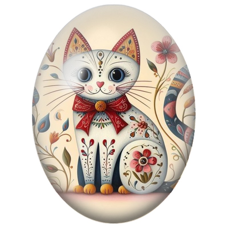 Cabochon en Verre Illustré Chat Blanc Folk au Nœud Rouge 13x18, 18x25 ou 30x40mm