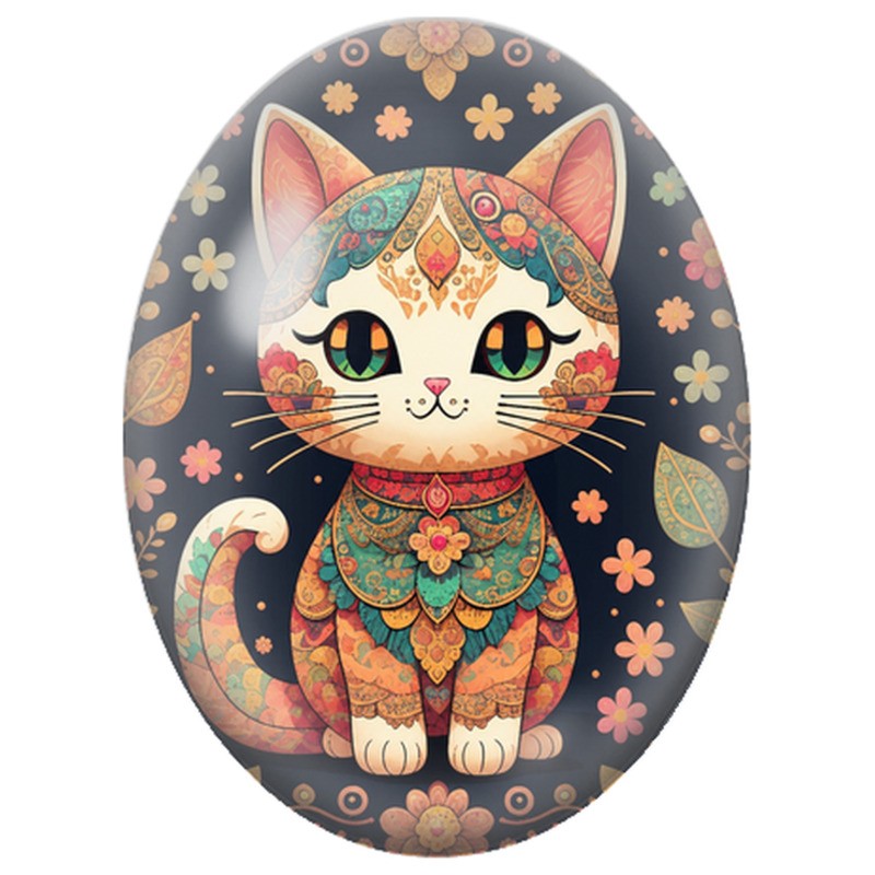 Cabochon en Verre Illustré Chat Blanc aux Ornements Bohèmes 13x18, 18x25 ou 30x40mm