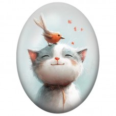 Cabochon en Verre Illustré Chat Gris avec un Oiseau Roux 13x18, 18x25 ou 30x40mm pour la Création de Bijoux Fantaisie - DIY