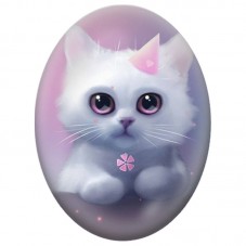 Cabochon en Verre Illustré Chaton Blanc au Petit Chapeau Rose 13x18, 18x25 ou 30x40mm pour la Création de Bijoux Fantaisie - DIY