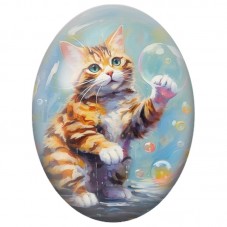 Cabochon en Verre Illustré Chat Roux Jouant avec des Bulles 13x18, 18x25 ou 30x40mm pour la Création de Bijoux Fantaisie - DIY