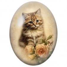 Cabochon en Verre Illustré Chaton Tigré aux Roses Anciennes 13x18, 18x25 ou 30x40mm pour la Création de Bijoux Fantaisie - DIY