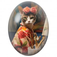 Cabochon en Verre Illustré Chat Artiste aux Roses 13x18, 18x25 ou 30x40mm pour la Création de Bijoux Fantaisie - DIY